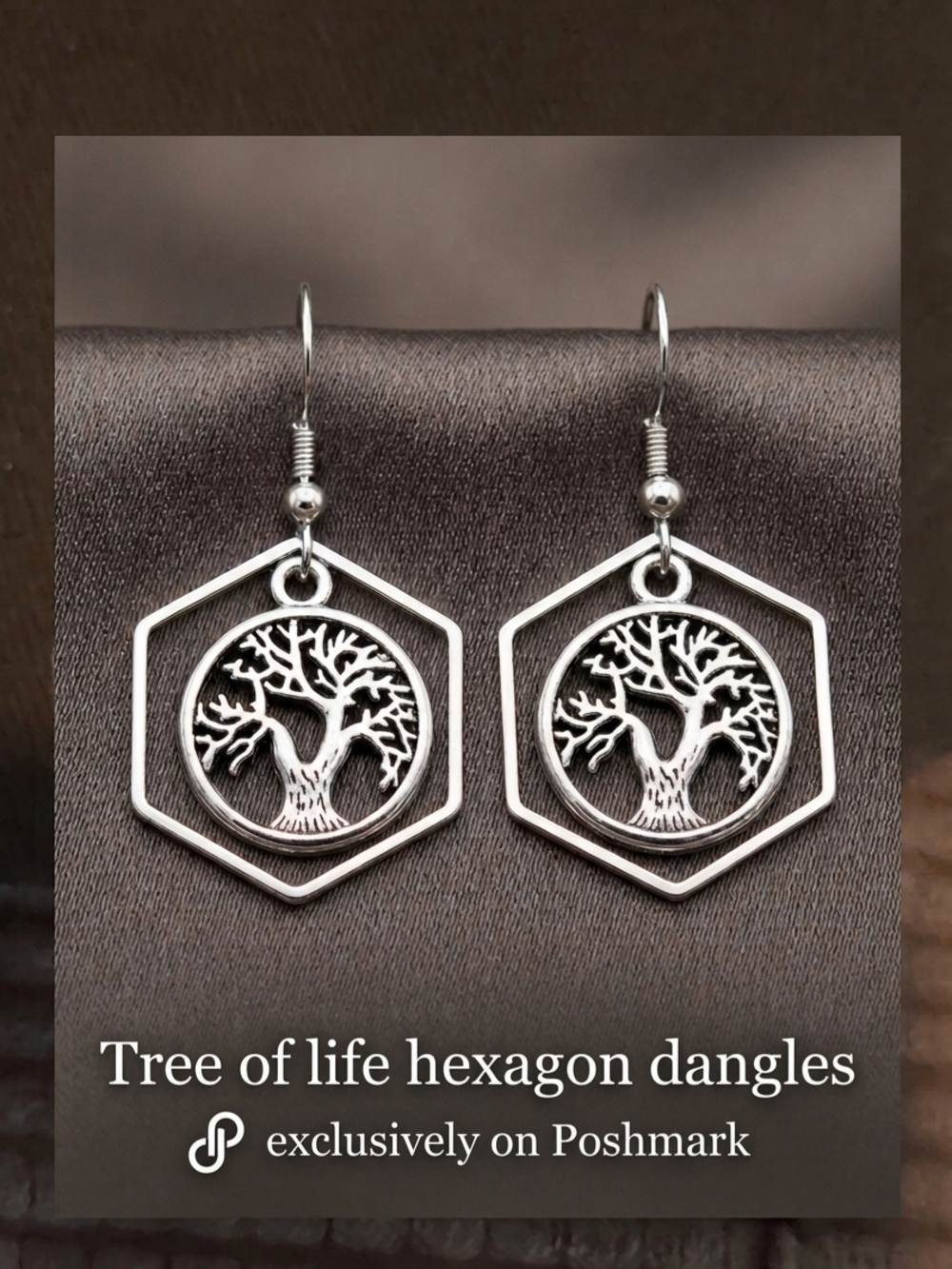 Hand Crafted Silver Tree of Life Hexagon Dangle Earrings